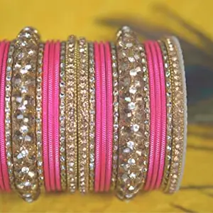 Generic Hot Pink Striped Metal Bangles with Royal Kangan Set