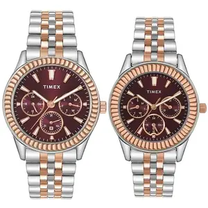 TIMEX Analog Watch for Unisex with Burgundy Round Dial & Multicolor Stainless Steel Bracelet Band Water Resistant Unisex Wrist Watches - TW0PRE003