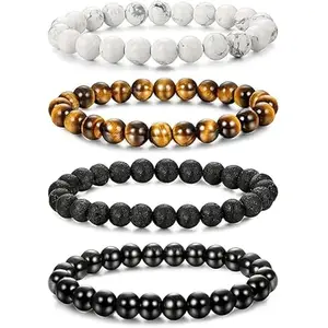 Aanya Gems Natural Multi Stone emstone Men Beaded Bracelet Holite, Tiger Eye, Black Onyx, Lava, Pack Of 4