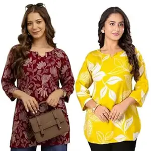 MS VHCK ENTERPRISE Women's Cotton Printed Short Kurti, Round Neck, Three Quarter Sleeve, Straight Fit, Pack of 2