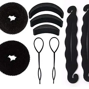 Chronex Banana Bumpit Hair Puff Up Maker Donut Magic Bun Topsy Tail Ponytail Holder Hair Styling tools Black-(Combo of 9 Pieces)