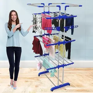 TIAMO Cloth Dryer Stand Jumbo Size Stainless Steel Foldable Caster Wheels 3-Tier for Drying Laundry Rack with Adjustable Side Wings for Towels Shoes Quilts Garment Ideal for Indoor Outdoor Use (Blue)