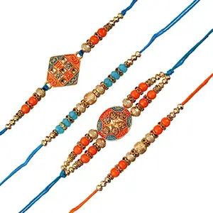 eCraftIndia Set of 4 Blue & Orange Kundan Pearl Designer Rakhis for Brothers with BEST BRO EVER Keychain and Roli Chawal Pack