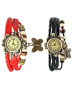 Pappi Boss Pappi-Haunt Combo of 2 Trendy Black & Red Leather Vintage Bracelet Watch for Girls, Women