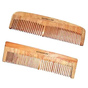 BlackBoss Handmade Wooden Combs Big Size Kacchi Neem Wood Comb Set - Neem Comb Combo For Men & Women Hair Growth - Pack of 2 - Anti Dandruff, Detangling Hair Fall Control Kanghi Fine Tooth & Dual Tooth