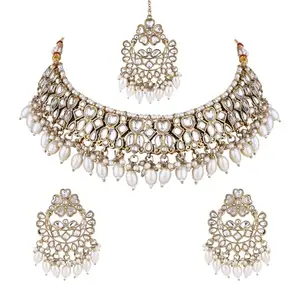 I Jewels Gold Plated Traditional Kundan & Pearl Drop Choker Necklace Jewellery & Dangle Earrings Set For Women (K7289W)
