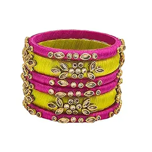 HABSA HABSA Hand Made Fancy Festival Silk Thread Fancy Festival Wear Kundan Stone Bangles Set of 6 Bangles Lemon Yellow-Pink (size-2/12)