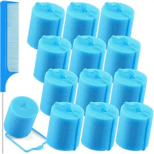 SIYAA 12 Pieces Foam Sponge Hair Rollers, 1.89 inch/ 4.8 cm Soft Sleeping Hair Curler Flexible Hair Styling Sponge Curler and Stainless Steel Rat Tail Comb Pintail Comb for Hair Styling (Blue)