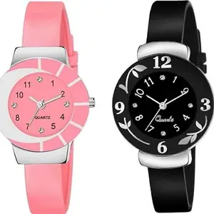 Giffemans Analog Round Dial with Rubber Band Watch Women's Watch (Combo of 2) (Pink and Black)