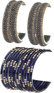 Somil Combo Of Party & Wedding Colorful Glass Bangle/Kada, Pack Of 16, grey,Blue