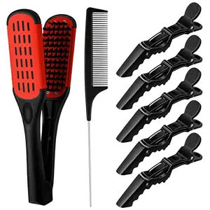 Honeydak Hair Straightening Comb Boar Bristle Clamp Hair Brush Double Sided Hair Straightener Hair Splint Comb with 5 Pieces Alligator Hair Clips, Pin Rat Tail Comb for Hair Styling Curling Tools (Red Comb)
