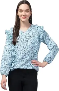 Women's Floral Print V-Neck Shirt, Light Blue, Long Sleeve with Ruffle Detail (in, Alpha, 2XL, Regular, Blue)