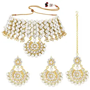 Peora Gold Plated Traditional Kundan Faux Pearl Choker Necklace Earrings and Maang Tikka Set Jewellery for Women & Girls (White)