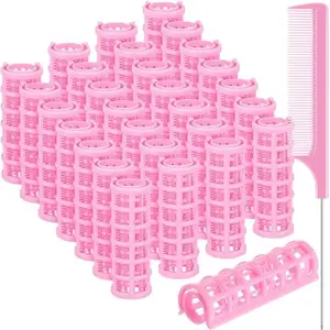 APOEM 17 Pieces Hair Roller, 0.6 Inch/ 1.5 cm Small Size Plastic Hair Rollers Hair Curlers with Steel Pintail Comb Rat Tail Comb for Short Hair Long Hair Hairdressing Styling Tools (Pink)