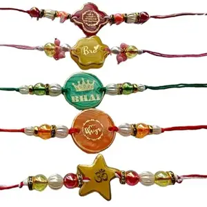 Priti Creation Handcrafted Threads Designer Rakhi for Brother – Stylish Multicolor Beaded Rakhi Combo with Printed Tags & Creative Shapes for Raksha Bandhan (Set of 5)
