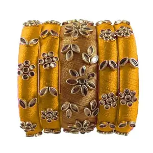 pratthipati's Silk Thread Bangles Stones Chuda Bangle Set (Gold-Yellow) (Size-2/4)