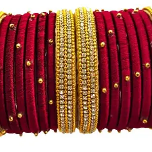 HARSHAS INDIA CRAFT Hand Craft Silk Thread Bangles Gold-Maroon Color Pack of 16 Silk Thread Bangles ((size-2/7))