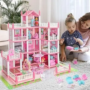 Probeez Dollhouse with Light, Chimney and Doll Toy Figures, DIY Pretend Play Furniture and Accessories, Princess Castle Dollhouse Building Toy for Girls Dreamhouse.
