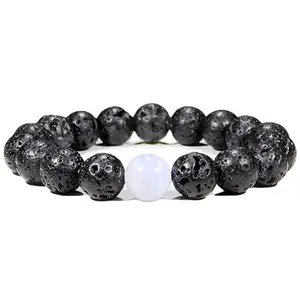 RRJEWELZ 10mm Natural Gemstone Volcanic Lava with White Agate Round shape Smooth cut beads 7.5 inch stretchable bracelet for men. | STBR_RR_M_02681