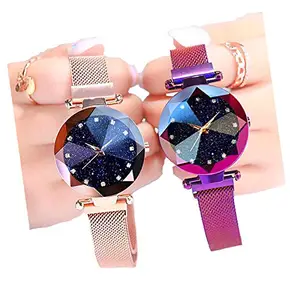 Acnos® Premium Black Round Diamond Dial with Latest Generation Purple & Rosegold Magnet Belt Analogue Watch for Women Pack of - 2 (DM-PURPLE-ROSEGOLD06)