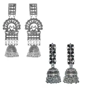 BANDIK® Antique Peacock And Stunning Black Silver Jhumka Earrings with Rhinestone Accents Gifts, Festivals, Weddings, Parties (Pack Of 2)