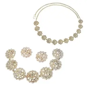 Floral Design Pearl combo for Necklace and Earring & Gold tone belly chain