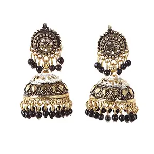 Jewelz Double Stack Black and Golden Traditional Jhumka Earrings for Girls and Women| Ethnic Jhumka Earrings with Black Regal Pearl Embellishments for Ethnic Wear Skin-friendly and Very light weight Jhumka