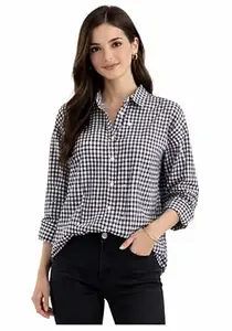 Women's Black and White Checkered Cotton Shirt, Regular Fit Casual 3/4 Sleeve Office