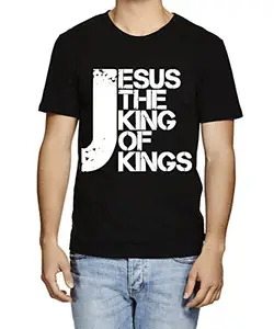 Caseria Men's Round Neck Cotton Half Sleeved T-Shirt with Printed Graphics - Jesus The King of Kings (Black, XL)