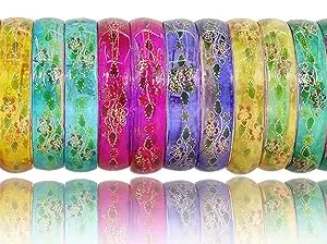 NMII Multi Colour Glass Bangles Combo Set For Women and Girls | Fancy Glass Bangles Bracelet | Stylish Flower Print Kangan | Plain Simple Bangles- Set of 16, (GGK35-Panchkool-Multi-2.4)