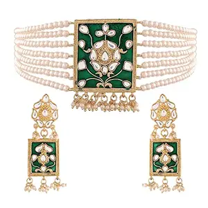 Amazon Brand - Anarva Anarva  18K Gold Plated Traditional Pearl & Kundan Meenakari Multistrand Necklace Jewellery Set With Earrings For Women (K118G)