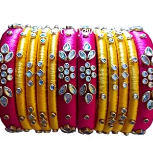 Blue jays hub Silk Thread Bangles New kundan Style pink Color Set of 12 for Women/Girls (pink and yellow, 2.8)