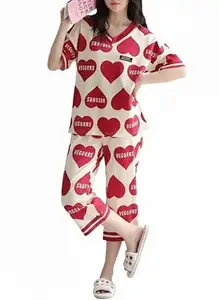 LUXERUDRA Women Cotton Capri Pajama Set Korean Style Nightsuit Soft Breathable Top and Mid Length Pants Lightweight Loose Fit Nightwear Loungewear