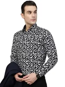 Hancock Men Abstract Printed Slim Fit Wrinkle Ressistant Pure Cotton Party Shirt (5643White-Black44)