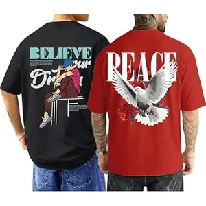 ENCIGER Men's Oversized Cotton T-Shirt Pack | Drop Shoulder Graphic Printed Casual Streetwear Combo | Baggy Hip-Hop Tshirts