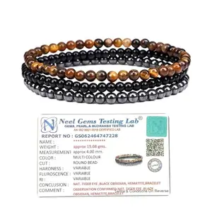 Gemaltic Healing Crystals Lab Certified 4mm Beads Bracelet for Women & Men Pack of 3 (Tiger Eye, Black Obsidian & Silver Hematite)