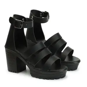 SLEEK STEP Women's Black Synthetic Casual Buckle Cross Strap Block Heel Sandal For Girl