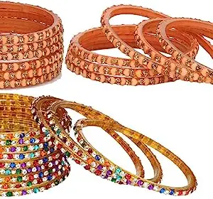 Somil Combo Of Designer Party & Wedding Colorful Glass Bangle/Kada Pcak Of 24, Peach,Multicolor