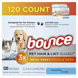 Bounce Bounce Pet Hair and Lint Guard Mega Dryer Sheets for Laundry, Fabric Softener with 3X Pet Hair Fighters, Unscented, Hypoallergenic, 120 Count