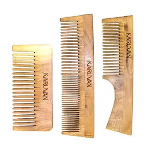 Karuvan Neem Wooden Comb Set, Pack of 3, Wide Tooth Hair Combs with Handle for Men & Women, Hair Growth & Dandruff Control