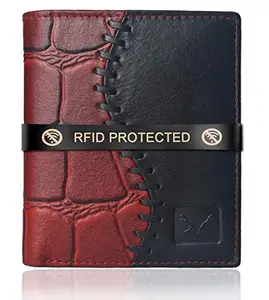 AL FASCINO Stylish RFID Protected Genuine Leather Wallet Mens, Cherry Maroon and Black