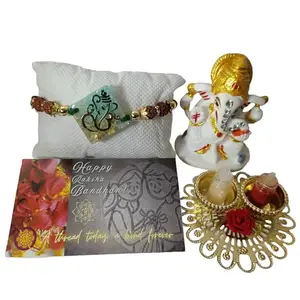 Premium Resin Ganpati Rakhi with Rudraksha Beads – Light Green Divine Thread Combo by Sarnaya Essence | Includes Ganpati Idol, Tilak Platter, Greeting Card & Decorative Gift Box