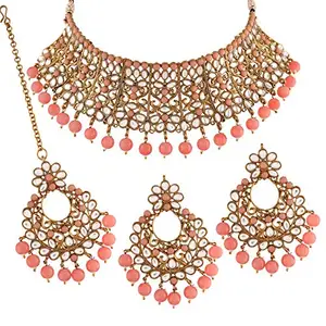 I Jewels Traditional Gold Plated Kundan & Beads Choker Necklace Jewellery Set with Maang Tikka for Women (ML233Pe)