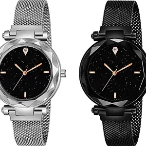 Acnos® Premium 4 Point Black and Silver Color with Trending Magnetic Analogue Metal Strap Watches for Girl's and Women's Pack of - 2(P-200-220)