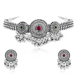 Peora Silver Plated Rani Pink Green Synthetic Stone Studded Necklace Dangle Earrings Oxidized Jewellery Set for Women Girls