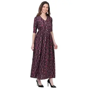 FIRST ARRIVAL Women's Printed Crepe Dress | Western Fit and Flare Maxi Dress | Flared Gown | Floor Length Kurti | A-Line Dress