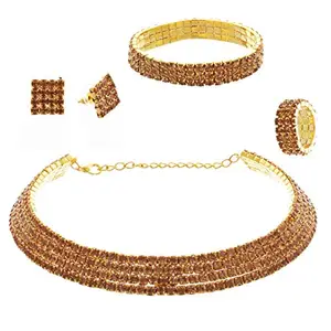 Lucky Jewellery Elegant Designer LCT Gold Color 4-Line Stone Hasli Choker Kanthi Necklace With Tops Earring, 1 bracelet and 1 Finger ring For Girls & Women (500-CHSI-LJ671-LCT)