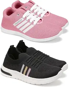 WORLD WEAR FOOTWEAR Soft Comfortable and Breathable Canvas Lace-Ups Sports Running Shoes for Women (Black and Pink, 8) (S17515)