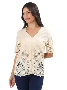 Schifley Women’s Ivory Embroidered Cotton Shirt Top | 100% Cotton | Half Sleeve | V-Neck | Summer | Regular Fit | Lightweight Casual & Office Wear Top