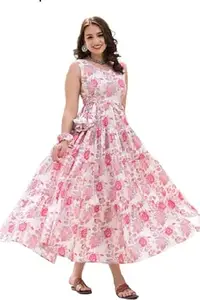 Sindoliya Fashion Women's Fit and Flare Sleeveless Pink Calf Length Rayon Dress with Knot for Girls - XL